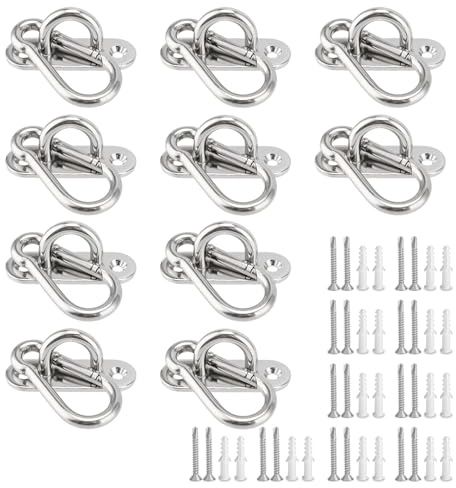 CHUENHEI 10 Ganchos de Techo M6 Acero Inoxidable 304 con Mosquetones, Placa de Ojo para Cargas Pesadas 80kg, Anclaje Pared Toldo Silla Colgante Hamaca Saco Boxeo