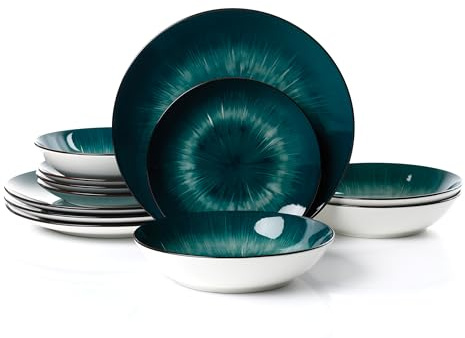 Waterside 12pc Emerald Green Star Porcelain Dinnerware Set, 4 Dinner Plates, Side Plates and Bowls