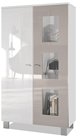 Vladon Vitrine Denjo, Made in Germany, Standvitrine mit 2 Türen und 3 Glaseinsätzen, Weiß matt/Weiß Hochglanz/Sandgrau Hochglanz (71 x 129 x 35 cm)