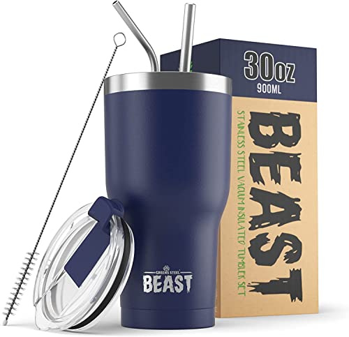Beast Tumbler - 900 ml (30 oz), Royal Blue | Reusable Stainless Steel, Vacuum Insulated Cup | with + 2 Straws & Cleaning Brush | Double Wall Travel Flask Perfect for Hot or Iced Coffee | BPA Free