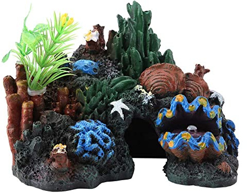 Duokon Fischverzierungen für Tanks Fischaquariumhöhle, Bunte Kunstharz Cave Decor für Marine Aquarium Frösche Fische Ornament Mountain View Landschaft Dekor Rock