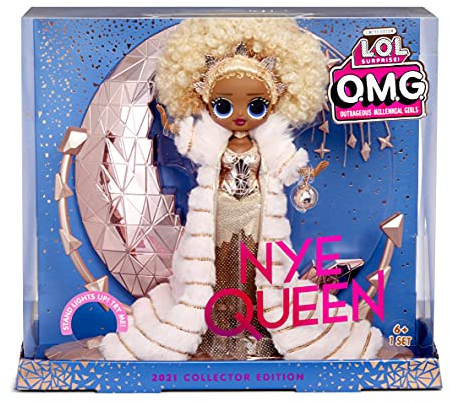 L.O.L. Surprise! Holiday OMG 2021 Collector Modepuppe - NYE Queen - Mit goldenen Outfits, Accessoires und beleuchtetem Ständer - Silvester-Look - Tolles Geschenk für Jungen und Mädchen ab 4 Jahren