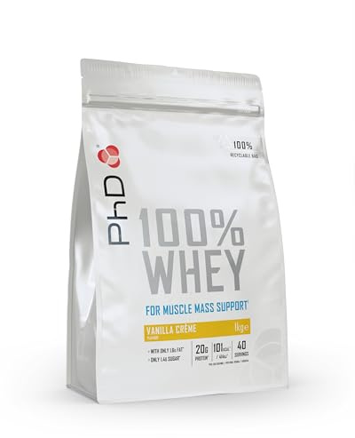 PhD Nutrition 100% Grassfed Whey Protein in Polvere 1kg Crema di Vaniglia - Proteine del siero di latte con 19g di proteine e 5,5g di BCAA per porzione, Basso contenuto di zuccheri e calorie