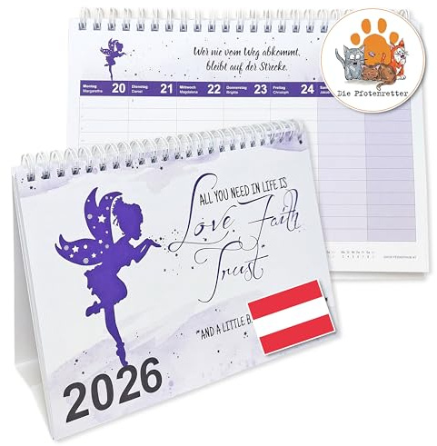 FEENSTAUB Tischkalender 2026 Österreich, Wochenplaner 2026, Wochenkalender 2026 querformat, Kalender 2026 Tischkalender, Stehkalender 2026 mit lustigen Sprüchen und Motivation »Spende an Pfotenretter«