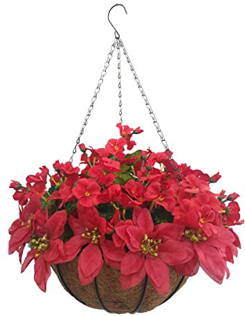 Home And Holiday Party Decoration Beautiful Silk Artificial Red Begonia Flowers And Artificial Red Poinsettia Christmas Flower DIY Chain Hanging Basket Flower (Big Basket)