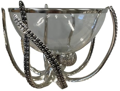 Loft 1850 Large Silver Octopus Stand & Glass Bowl | Round Octopus Glass Bowl Supported by Octopus Tentacles | Tableware | Glass Serving Bowl | Home & Kitchen Organisation