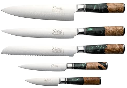 Katana Saya Elements Ensemble de 6 Couteaux avec Bloc, vert forêt tropicale - Acier Damas VG-10 à haute teneur en carbone - Extrême résistance et tranchant- Manche en bois d'olivier et résine