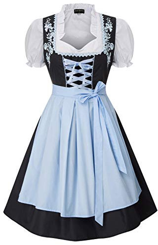 SCARLET DARKNESS Damen Trachtenkleid 3tlg Damen Dirndl Kleid für Oktoberfest 3tlg Kleid Bluse Schürze 2XL Schwarz und Hellblau