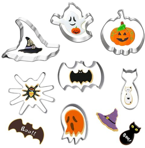 10 Pieces Halloween Cookie Cutters, Stainless Steel Biscuit Cutter Set - Pumpkin, Bat, Ghost, Cat, Skull, Witch Hat Mould for Pastry Baking Fondant Sandwich Cake Decoration Kids Clay