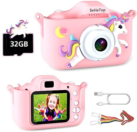 SeHeTop Camara Fotos Infantil, 1080P HD Video cámara Fotos niños,Juguetes niños 3 4 5 6 7 8 9 10 años, Regalos de cumpleaños niñas, scon Tarjeta SD de 32 G(Rosa)