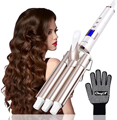 CkeyiN Rizador de Pelo 3 Barriles de 22 mm, Profesional Con Placas de Cerámica de Turmalina, Eléctrico Con Pantalla LCD, Temperatura Ajustable 80℃-230℃, Rosa