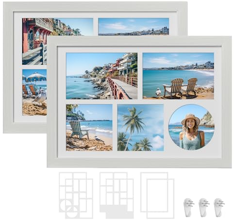 SONGMICS Cornice Portafoto con 6 Passepartout, Set di 2 Collage di Cornici Multipla, Foto 4x6 o 4x4, Chiodi Antitraccia, 36,5 x 26 cm, Bianco Vintage RPF024W02