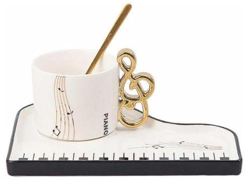 eKsdf Musiknoten Keramik Espressotassen mit Unterteller und Löffel Kreative Klavier Kaffeetasse Cappuccino Tassen 200ml Porzellantasse Mochatassen Set Geschenk (Weiß)