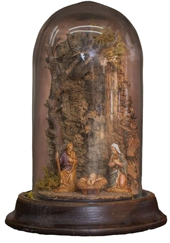 Artesughero Presepe Piccolo Completo di Pastori/Statuine in Campana di Vetro con base in Legno 8x12cm