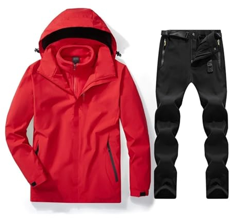 Herren Winter Outdoor Warm Verdickung Skijacken Und Hosen Set Mit Kapuze, Fleece Warmer Und Lockerer Wasserdichter Schneeanzug Sport-Skianzug-Set, Für Outdoor-Skifahren, Angeln ( Color : 2 red , Size