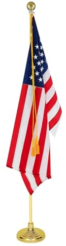 Flaggenmast für den Innenbereich, Teleskop-Fahnenmast mit Sockel, um 360 Grad drehbar, 90 x 150 cm, goldene Kugelaufsatz, gelber Anhänger, geeignet für Büro, Schule, Rathaus (Glod-1 Stück)