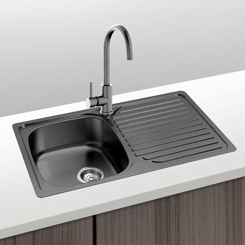 Gresinex | Fregadero Seno y Escurridera Acero Inox | Negro Antracita | Encastrar - Modelo Viena - Tratamiento PVD (Sin Agujero)
