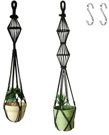 XINBOR 2Pcs Macrame Plant Hangers Indoor Macrame Hanging Planters Large for up to 10 inch Pot No Tassels Long Crochet Boho Plant Hanger Holder Plants Different Size 35”/39 Home Décor(Black)