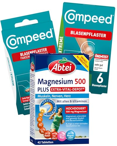 Abtei & Compeed Essentials Trio – 3er Set – Abtei Magnesium 500 Plus, Compeed Blasenpflaster Extreme, Compeed Blasenpflaster Mixpack – Ideal für den Sport und einen aktiven Lebensstil