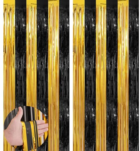 Black Gold Tinsel Curtain Party Backdrop,2pcs 3.2ft x 6.5ft Black Gold Foil Curtain Decor,Glitter Black and Gold Foil Fringe Graduation Metallic Tinsel Door Hanging Foil Flow Silk for Birthday Party