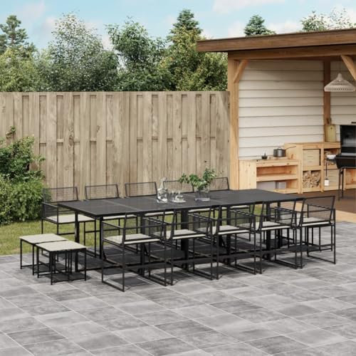Homgoday 15-TLG. Garten-Essgruppe mit Kissen Gartenmöbel Set Sitzgruppe Gartentisch mit Stühle Gartengarnitur Essgruppe Tisch Stühle Terrassenmöbel Balkonmöbel Schwarz Poly Rattan