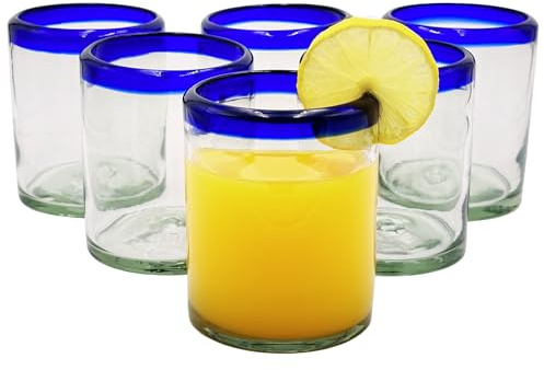 AGAVE'S GLASSWARE Drinking Glasses Set of 6 (12 oz) | Cobalt Blue Rim Rocks Glasses | Water Glasses | Mexican Glassware | Cocktail Glasses | Juice Glasses Vasos de Vidrio (Cobalt Blue Glassware12 oz)