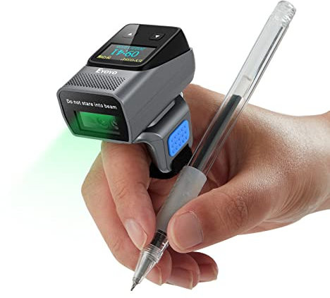 Eyoyo tragbarer Bluetooth-Ring-Barcodescanner mit Display: kabelloser Mini-Barcodescanner, der am Finger getragen Wird, für die Bestandsverwaltung, kompatibel mit iPad, iPhone und Android-Geräten. So