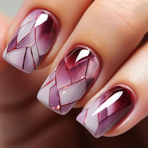 Geometric Cracked Glass Artificial Nails with Burgundy Lavender Gradient - Short Square Glue-On False Nails Kit for Quick Manicure, 24PCS Press-On in 12 Sizes for Parties, Weddings and