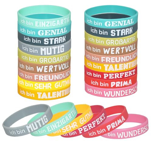 PXBSNB 24 Stück Motivationsarmbänder Kinder, 20,2cm Deutsch Silikonarmband mit Positiven Sprüchen, Inspirierenden Sprüchen Silikon Armbänder für Teens Schüler Kollegen Einschulung Abschiedsgeschenk