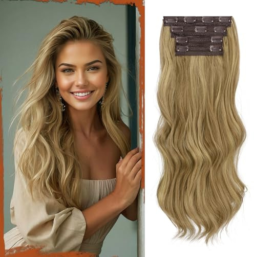 Sofeiyan Clip in Extensions, 4PCS 50 cm Lange Gewellte Haarverlängerungen für Frauen Natürlich Wellig Hellbraun & Aschblond Weiche Synthetische Clip in Haarteile für Tägliche Party