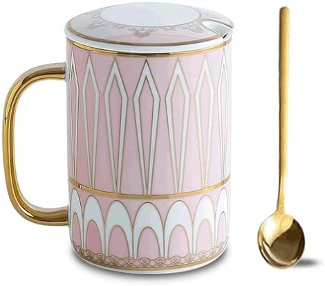 Taza Taza de Café de Cerámica de 350ML, creativa taza de café pintada en oro, taza multifuncional for café, leche, jugo de Moca Con asas(Pink)