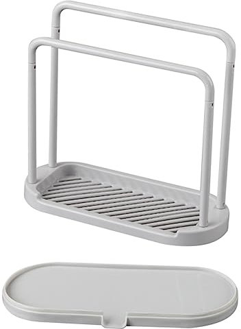 CIYODO Estante Doble para Paños y Esponjas De Cocina, Soporte Plástico Gris Drenaje Rápido, Organizador para Fregadero y Encimera Cocina, Sistema Ahorra Espacio Barras para Colgar