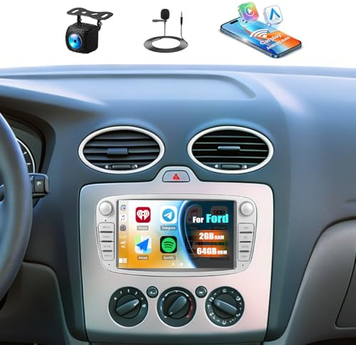 2G+64G Android 13 Autoradio mit Bluetooth für Ford Focus II mk2 Mondeo S-Max C-Max Galaxy Kuga mit Carplay Android Auto 7“ Touchscreen-Radio mit GPS WiFi FM/RDS EQ Mirror Link+Rückfahrkamera&Mic