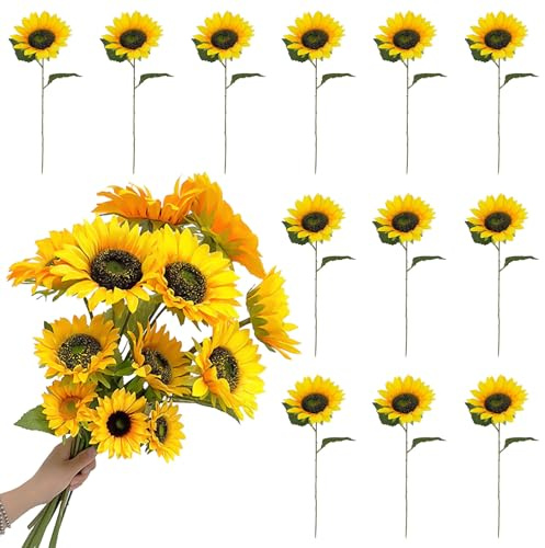 Keboyoe 12 Stück Künstliche Sonnenblumen Deko 40cm Lange Stiel Seide Gefälschte Sonnenblumen Herbstblumen Künstlich Seidenblumen Sonnenblume Deko für Hochzeit Party,Wohnzimmer, Tischdeko Dekoration