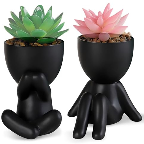 WANDGU Planta Artificial con Maceta de cerámica Negra: 2 Piezas pequeñas Plantas Artificiales en Maceta, Lindas Mini macetas de cerá Mica, macetas de cerámica en Forma de Personas(Sin Plantas)