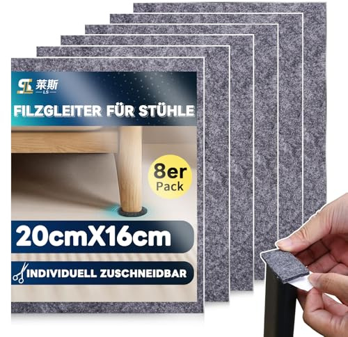 Selbstklebende Filzgleiter (8 Stück 16x20cm 4mm) | Klebefilz aus Zuschneiden Bodenschutz Möbelgleiter Stuhlgleiter & Filzplatten Grau