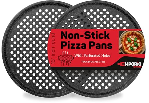 Non-Stick Pizza Pan 2 Pack, 13 Inch Round Carbon Steel Pizza Tray with Perforated Holes for Crispy Crust, PFOAPFOSPTFE Free, Dishwasher & Oven Safe Up To 450°F, Durable Nonstick Gray Marble Coating