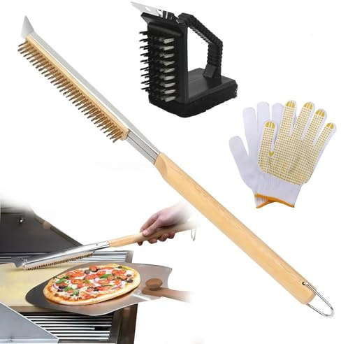 Lot de 3 brosses pour four à pizza de 60 cm avec grattoir en acier inoxydable - Brosse de nettoyage pour pierre à pizza - Poignée en bois - Brosse à barbecue avec manche court - Brosse métallique et