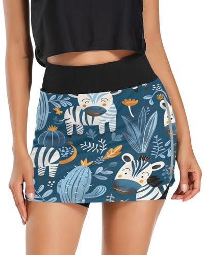 RPLIFE Cute Cartoon Zebras Cactus Blue Womens Sport Skirt, Womens Short Skirts with Pockets，Skort Lightweight, Cute Cartoon Zebras Cactus Blue, S