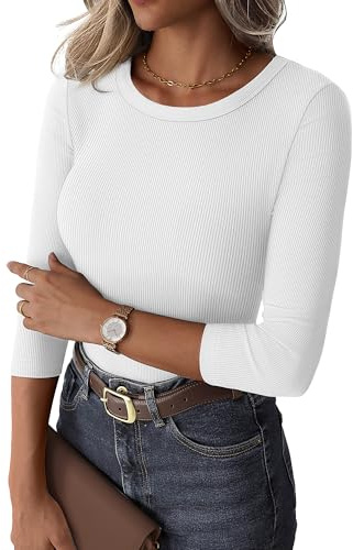 GKBK Womens 3/4 Sleeve Ribbed Tops Fitted Basic Tee Shirts Casual Crewneck Tight Layering 2025 Fall Fashion Outfits White