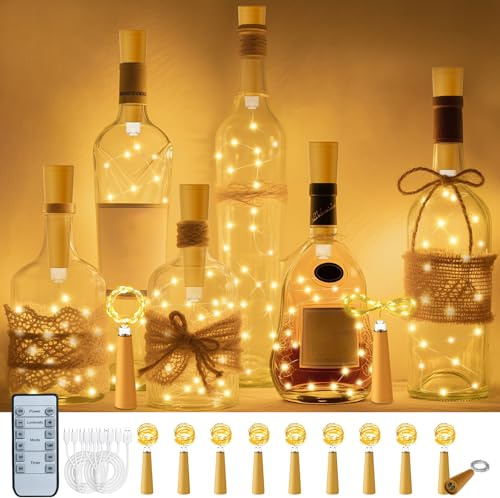 PChero LED Flaschenlicht mit Fernbedienung & Timer, USB Akku Lichterkette | 10er Flaschenlichterkette Korken, Flaschen Lichterkette, 2M 20 LEDs Flaschenlicht, Wasserdicht, für Flaschen Party DIY Deko