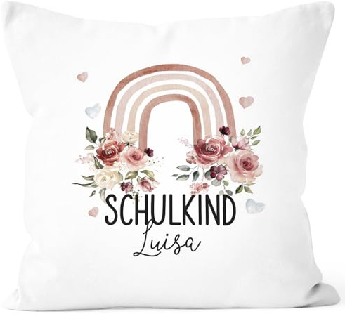 SpecialMe® Kissen-Bezug Kinder Geschenk Einschulung 2026 Schulkind personalisiert mit Namen Regenbogen Design Weiss Standard