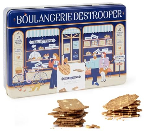 Jules Destrooper | Assortimento Biscotti Mandorle e Cialde Burro | Latta Regalo Metallo Decorata Biscotteria Francese Burro e Mandorle - 350 Gr