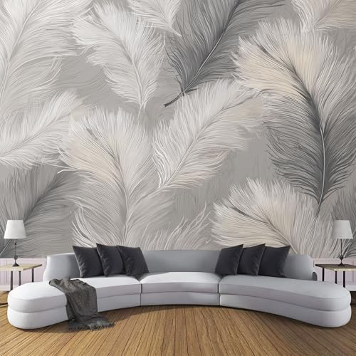 Carta da Parati Panoramica Piume Eleganti 250x175cm Murale in Seta Stile Di Lusso Poster Murale Giganti Decorazione da Muro per Soggiorno Corridoio Ufficio, Grigio Chiaro
