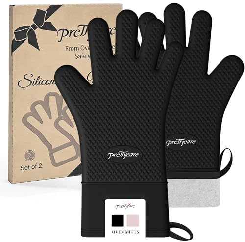 PrettyCare Extra Long 14in Silicone Oven Mitts, Waterproof & Non-Slip Oven Gloves with Fingers,Cotton Lined Silicone Oven Gloves Kitchen Mitts-Heat Resistant for Baking Cooking BBQ（Black