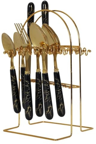 AltoBuy Ménagère 24 pièces en INOX doré Manches Noirs en Plastique et Support Assorti
