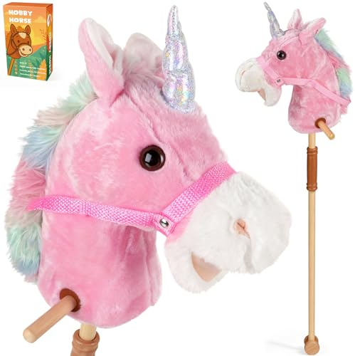 LumenVela Hobby Horse, Caballo Juguete para Montar Caballo de Palo para Niños con Riendas, Mango, Rueda Caballo de Juguete Facilitar el Deslizamiento para niños y niñas (Rosa)