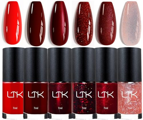 Nail Polish Set - 6 Colours Red & Glitter Nail Varnish, Quick Dry Long Lasting Non-Toxic Nail Polish for Women & Girls, Glossy & Sparkly Nail Polish Set,Christmas DIY Nail Art Manicure Gift Kit