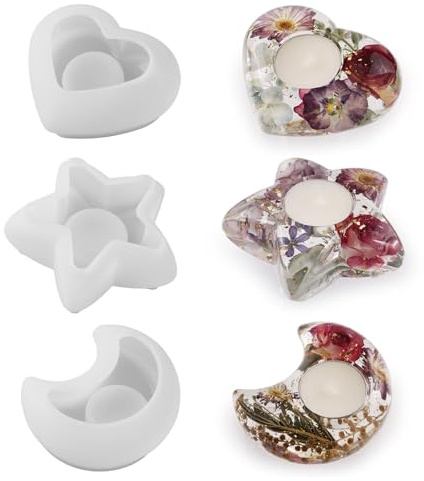 3 Stück Teelichthalter Gussform, Kerzenhalter Harzform, Resin Formen Silikon, Silikonform Teelichthalter, Gießform Kerzenhalter Teelicht, Stern/Herz/Mondform Kerzenständer Epoxid Harzformen