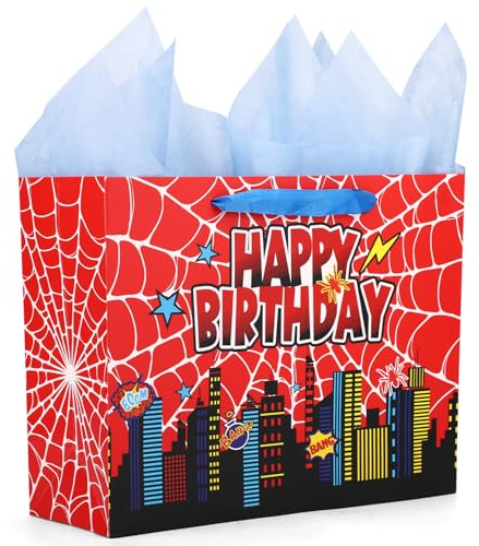 Geschenktüte mit Spinnenmotiv, Cartoon-Spinnennetz-Geburtstagsgeschenktüte mit Grußkarte Rotem und Blauem Geschenkpapier für Spinnengeburtstagsdekorationen